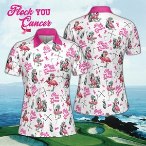 Polo de golf para mujer con concienciación sobre el cáncer de mama, polo Flock You Cancer, camiseta de apoyo con lazo de flamenco rosa, regalo para luchadoras supervivientes