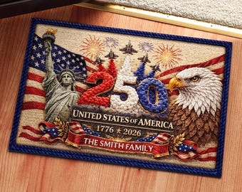 Personalized USA 250th Anniversary, Custom Family Name Patriotic Welcome Mat, USA Patriotic Doormat, 1776-2026 Commemorative, aB08UdCa
