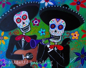 Mexican Guitar Trumpet day of the Dead Mariachi Amigos Painting PRINT by Pristine Turkus