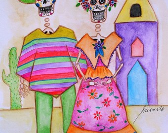 Folk Art Diego & Frida  Calavera Sugar Skull Dia de los Muertos Mexican Original Painting