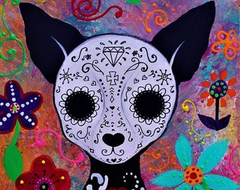 Dia de los Muertos Chihuahua Calavera Folk Art Mexican Original PRISARTS Painting