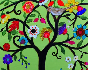 FOLK ART Tree of Life Blooms Flowers Painting PRINT by Pristine Turkus