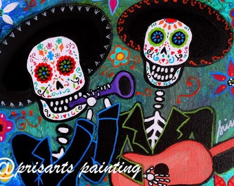 Mexican Guitar Trumpet day of the Dead Mariachi Amigos Painting PRINT by Pristine Turkus