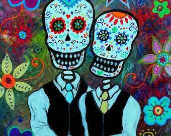 Folk Art Painting Mexican Day of the Dead Wedding Couple NOVIOS Original Painting Flowers