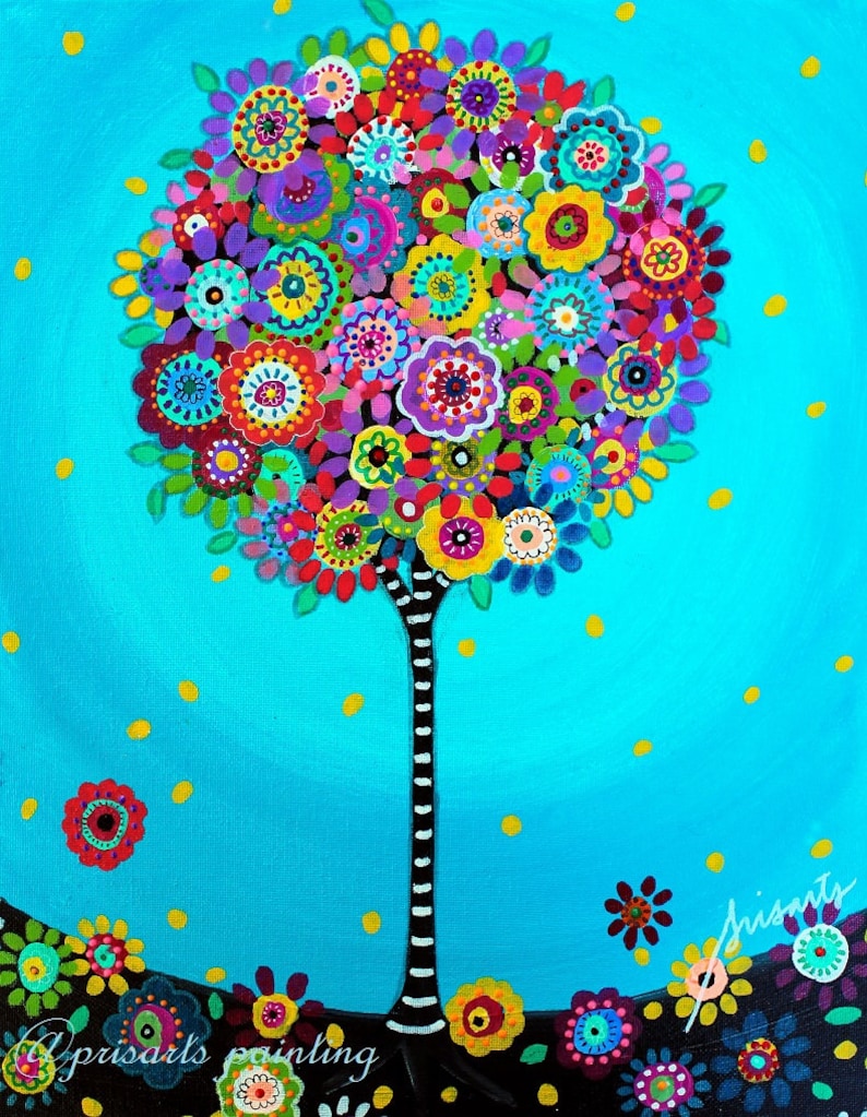 Whimsical Tree of Life Folk Art Pristine Flowers PRISARTS Etsy