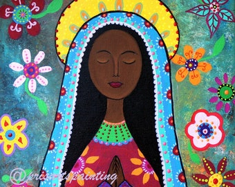 Folk Art Pristine Virgin Guadalupe Original Painting 12 X 12