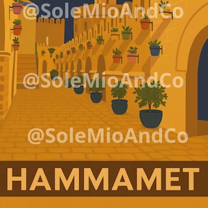Può includere: Illustrazione di una scena di strada ad Hammamet, con edifici gialli e arancioni. L'immagine include piante in vaso, archi e il testo "HAMMAMET" in basso. Il nome dell'artista, "@SoleMioAndCo", è ripetuto.