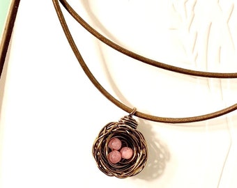 Personalized bird nest pendant necklace with pink eggs, Peruvian pink opal. Pick your choice of eggs and letter initials charms!