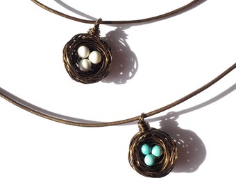 Gift set of 2 personalized bird nest pendant necklaces, 1 with Kingman turquoise, 1 with Agate. Pick your choice of eggs and initials!