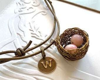 Personalized extra large bird nest pendant necklace with Peruvian pink opals. Pick your choice of eggs and letter initials charms!