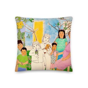 May include: Square throw pillow featuring a watercolor painting of a group of children and adults. The artwork includes a dog, a bird, and a yellow door. The background has a blue sky and green foliage. The pillow is a decorative home accent.