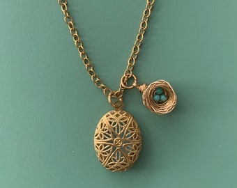 Diffuser locket with tiny nest pendant necklace with blue eggs made of Kingman turquoise from Arizona. Gold tone brass.