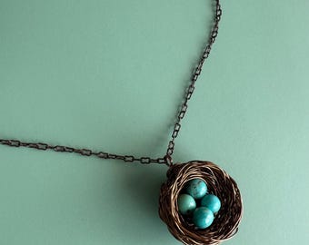 Personalized Handwoven Nest Necklace with eggs made of Kingman Turquoise from Arizona