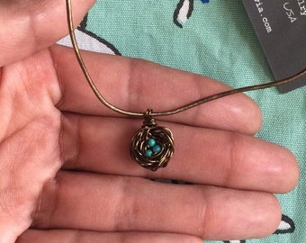 Mini Bird Nest Pendant Necklace: Kingman Turquoise Eggs, Initial Charms