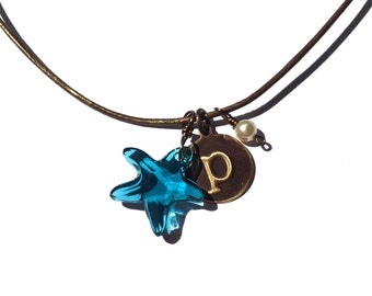 Personalized Starfish and Pearl Pendant Necklace, Swarovski Crystal, Choose your Letter Initial