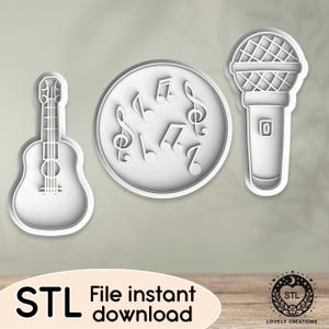 May include: Three white 3D printed cookie cutters: a guitar, a microphone, and a circle with musical notes. The text "STL File instant download" is at the bottom of the image.