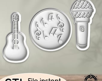 Música, afición, guitarra, clásica, micrófono, notas, músico cantando - Archivo STL para cortador de galletas, cortador de arcilla, panadería, fondant, impresión 3D de sellos