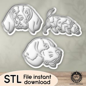 May include: Three 3D printed STL files for a dog cookie cutter set. The set includes a large dog head, a smaller dog head, and a puppy running. The files are for instant download.