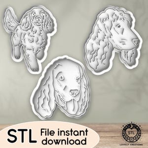 May include: Three white dog-shaped cookie cutters. One is a full body, another a head, and the third is a head with its tongue out. The image includes the text "STL File instant download" and a logo.