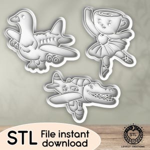 May include: Three cookie cutters: a duck-plane, a ballerina teacup, and an alligator-plane. The cutters are white plastic with detailed designs. The text "STL File instant download" is at the bottom. A logo with the text "LOVELY CREATIONS" is in the bottom right corner.