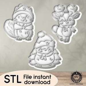 May include: Three white plastic cookie cutters in the shapes of a squirrel, a reindeer, and a snowman. The squirrel wears a hat, the reindeer has antlers and a bow, and the snowman is wearing a hat and scarf. The text "STL File instant download" is at the bottom.