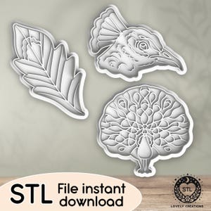 Könnte beinhalten: Drei weiße Ausstecher aus Kunststoff in Form einer Pfauenfeder, eines Pfauenkopfes und eines Pfaukörpers. Der Text "STL File instant download" ist unten im Bild zu sehen.
