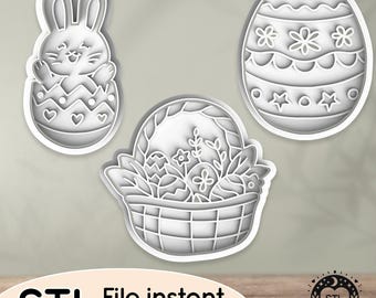 May include: Three 3D printed cookie cutters for Easter. The cutters are shaped like a bunny holding an egg, a basket of eggs, and a decorated egg. The cutters are made of white plastic and are ready to be used for baking.