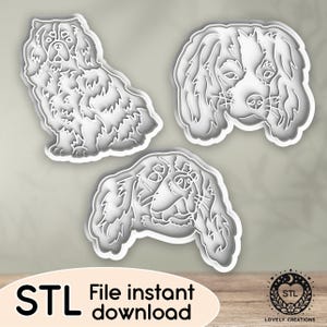 May include: Three white dog-shaped cookie cutters. The cutters are in the shape of a dog's head and body. The text "STL File instant download" is at the bottom of the image.