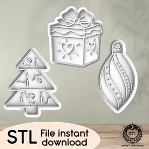 May include: Three white 3D printed Christmas cookie cutters: a Christmas tree, a present, and an ornament. STL File instant download.