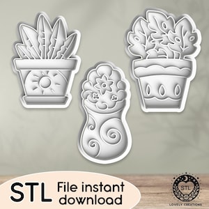 Puede incluir: Tres cortadores de galletas impresos en 3D de color blanco con forma de plantas en maceta. Los cortadores están diseñados para hacer galletas o decoraciones de fondant.