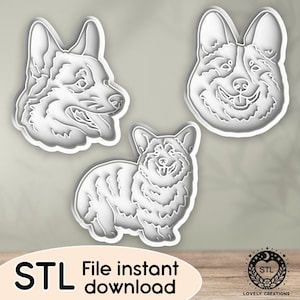 Puede incluir: Tres cortadores de galletas blancos con forma de corgi en diferentes poses. Uno es un perfil lateral con la lengua fuera, otro una cara sonriente y el tercero un cuerpo completo. El texto "STL File instant download" está en la parte inferior.
