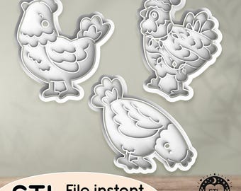 May include: Three white 3D printed chicken cookie cutters. The cutters are in the shape of a chicken, a chicken with a Santa hat, and a chicken with its head down. The cutters are on a gray background. STL File instant download.