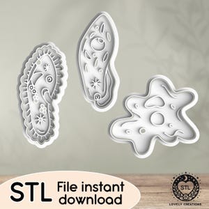 Può includere: Tre formine per biscotti in plastica bianca dalle forme uniche. Una è una forma lunga e smerlata con dettagli interni. Un'altra è una forma a goccia con una stella e altri dettagli. La terza è una forma irregolare a stella. Il testo "STL File instant download" è in basso.