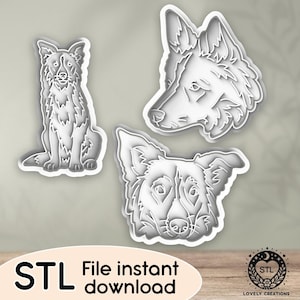May include: Three white dog-shaped cookie cutters. One is a full body sitting, another is a side profile of a dog's head, and the third is a dog's face. The text "STL File instant download" is at the bottom.