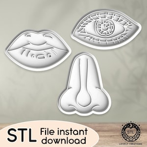 Puede incluir: Tres cortadores de galletas impresos en 3D en blanco con forma de labios, un ojo y una nariz. El texto "STL File instant download" está en la parte inferior de la imagen.