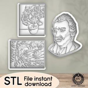 May include: White plastic cookie cutters featuring designs inspired by Vincent van Gogh's art. Includes a portrait, a vase of sunflowers, and a depiction of The Starry Night. The text "STL File instant download" is also visible.
