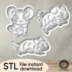 May include: Three digital 3D printable STL files for a chinchilla cookie cutter. The chinchillas are in different poses, one is sitting, one is standing, and one is running.