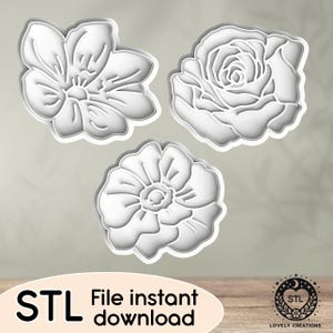 Puede incluir: Tres archivos STL digitales imprimibles en 3D para diseños de flores. Los diseños incluyen una rosa, una margarita y una anémona.