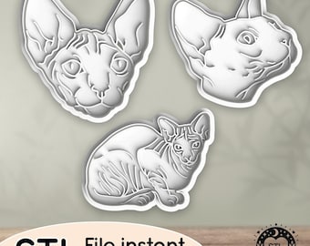 Gato Sphynx canadiense, mascota doméstica, felino - Archivo STL para cortador de galletas, cortador de arcilla, panadería, fondant, impresión 3D con sellos