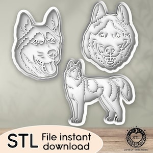 Könnte beinhalten: Drei weiße Ausstechformen aus Kunststoff in Form eines Husky-Hundes. Eine zeigt den Kopf des Hundes mit herausgestreckter Zunge, eine andere zeigt den Kopf des Hundes lächelnd, und die dritte zeigt den ganzen Körper des Hundes im Stehen. Der Text "STL File instant download" steht unten.