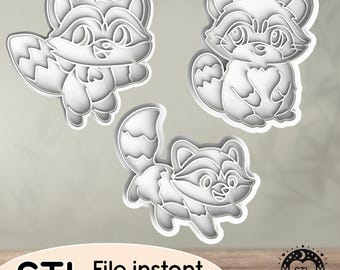 Mapache, dulce animal salvaje, bosque, basura, panda, feliz corriendo - Archivo STL para cortador de galletas, cortador de arcilla, panadería, fondant, impresión 3D de sellos