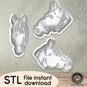 May include: Three STL files for 3D printing of horse head cookie cutters. The horse heads are in profile view with one horse wearing a bridle.