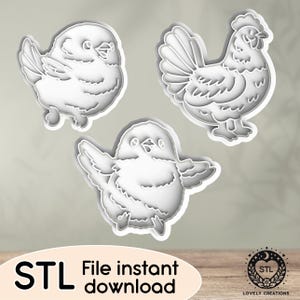 May include: Three white 3D printed cookie cutters in the shape of a chicken and two chicks. The chicken has a large tail and a beak. The chicks are smaller and have round bodies and beaks. The cookie cutters are on a gray background. STL File instant download.