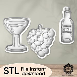 Wine Bottle Glass Grapes Wineyard Classic Red White Wine - STL file for Cookie Cutter, Clay Cutter, Bakery, Fondant, Stamp 3D Printing