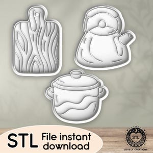 May include: Three white kitchen-themed cookie cutters: a cutting board with wood grain, a teapot, and a cooking pot with a lid. The image includes the text "STL File instant download" and a logo for Lovely Creations.
