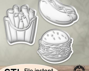 Comida rápida, hamburguesas, papas fritas, perritos calientes - Archivo STL para cortadores de galletas, cortadores de arcilla, panadería, fondant, impresión 3D de sellos