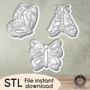 以下が含まれることがあります： 3Dプリントされた蝶と蛾のクッキーカッター3個。カッターは白で、複雑なデザインが施されています。STLファイルの即時ダウンロード。