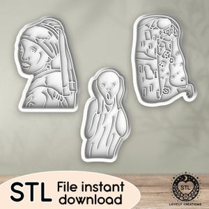 May include: Three white plastic cookie cutters depicting famous artworks: a portrait of a woman, Edvard Munch's "The Scream," and Gustav Klimt's "The Kiss." The text "STL File instant download" is at the bottom.