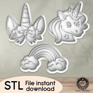 Puede incluir: Tres archivos STL impresos en 3D para una cabeza de unicornio, un cuerno de unicornio con un lazo y un arcoíris. Los archivos están disponibles para descarga instantánea.