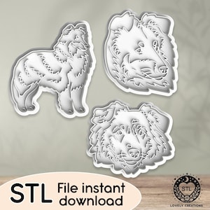 Puede incluir: Tres archivos STL imprimibles en 3D para un cortador de galletas de perro. El perro es de raza Collie, con un hocico largo y pelaje esponjoso. Los archivos están disponibles para descarga instantánea.